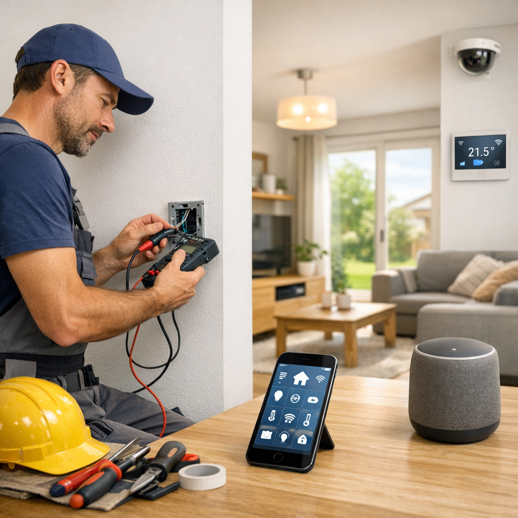 A technician uses a multimeter to test electrical wiring in a wall, while a smartphone and a smart speaker are visible on a table nearby.