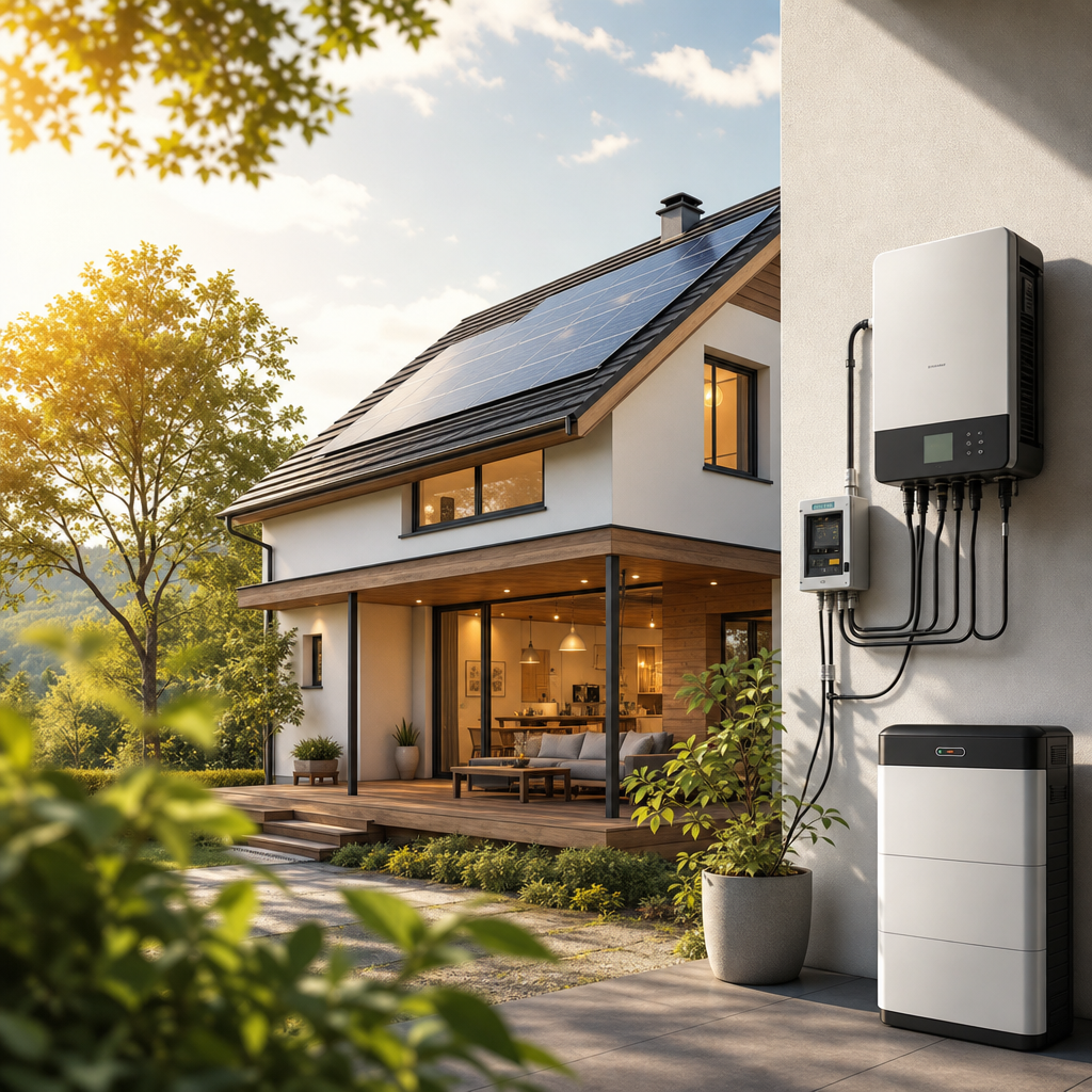 A modern house with solar panels on the roof, featuring an exterior wall-mounted inverter and battery storage, surrounded by greenery.
