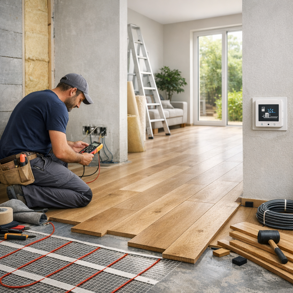 A worker kneels on a partially finished wood floor, using a multimeter, with tools and a ladder nearby.