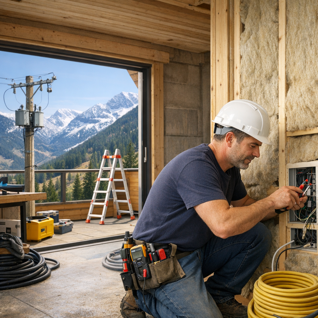 An electrician in a hard hat works on electrical wiring inside a partially constructed building with a mountainous landscape visible through an open doorway.