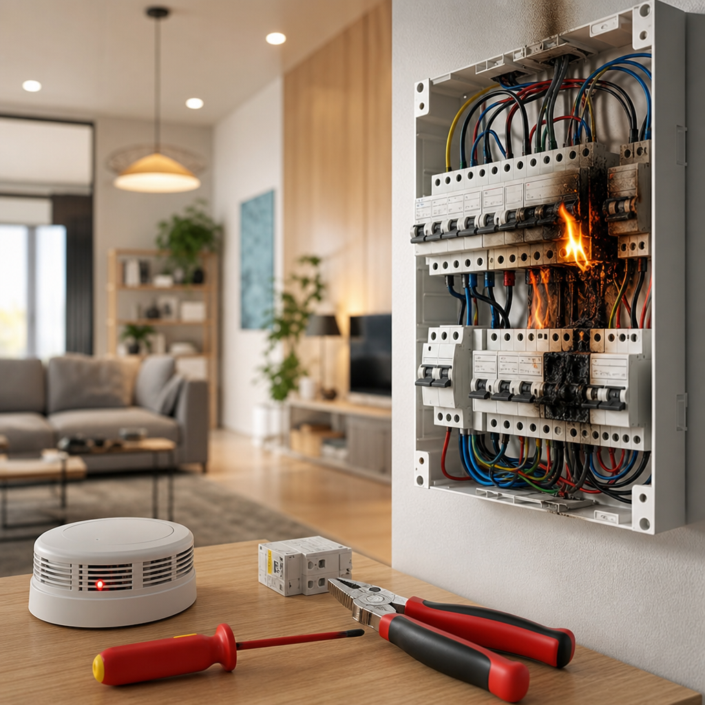 A damaged electrical panel is emitting flames, with tools and a smoke detector in the foreground.