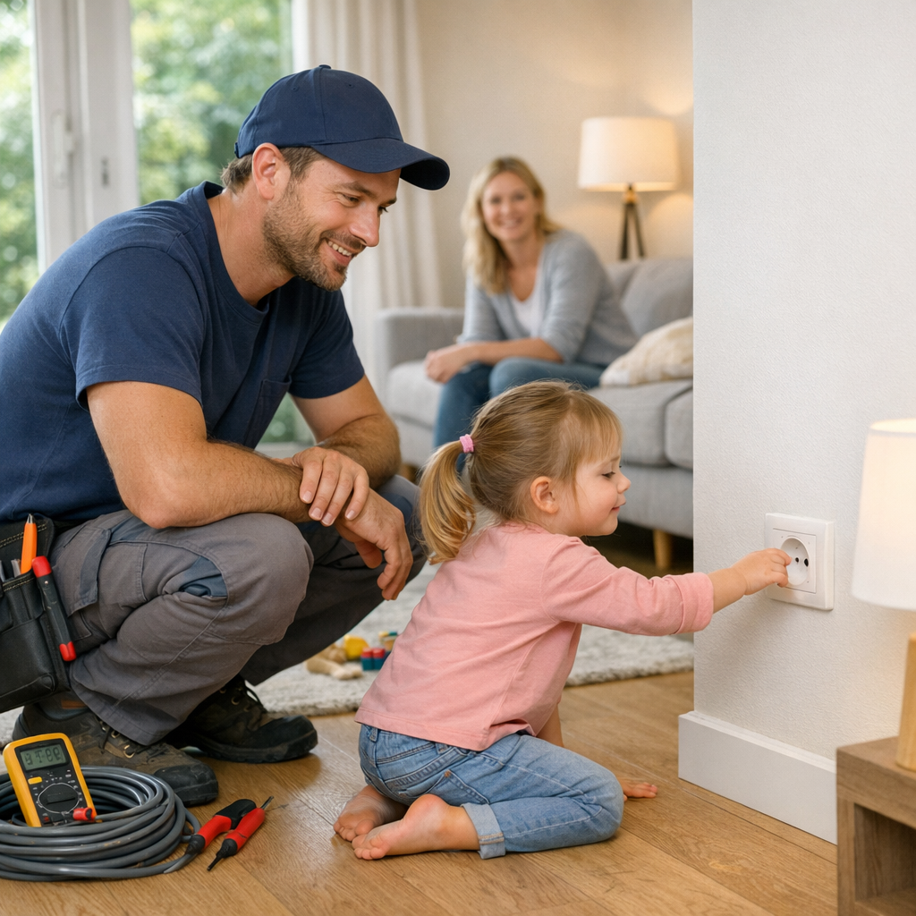 A man smiles at a young girl reaching for an electrical outlet while a woman sits on a nearby couch.