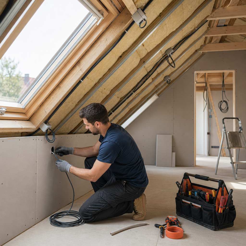 A man is kneeling on the floor of an unfinished attic, working with electrical wires near a wall while a toolbox sits nearby.