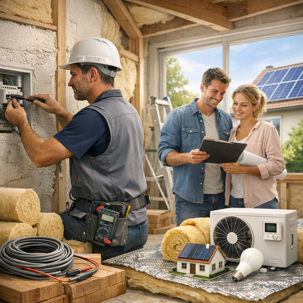 An electrician works on a circuit panel while a couple reviews house plans near construction materials and an air conditioning unit.