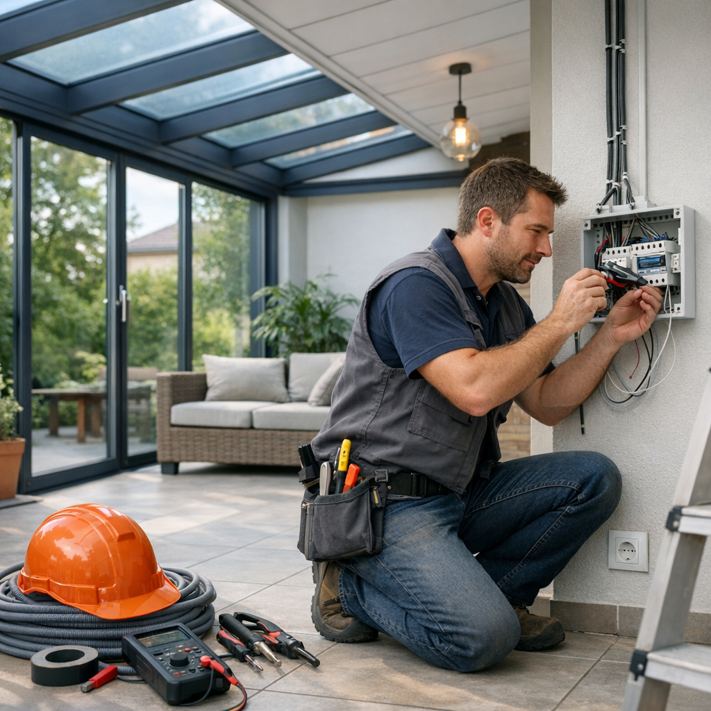 A man in a vest kneels while working on an electrical panel in a sunlit room, surrounded by tools and equipment.