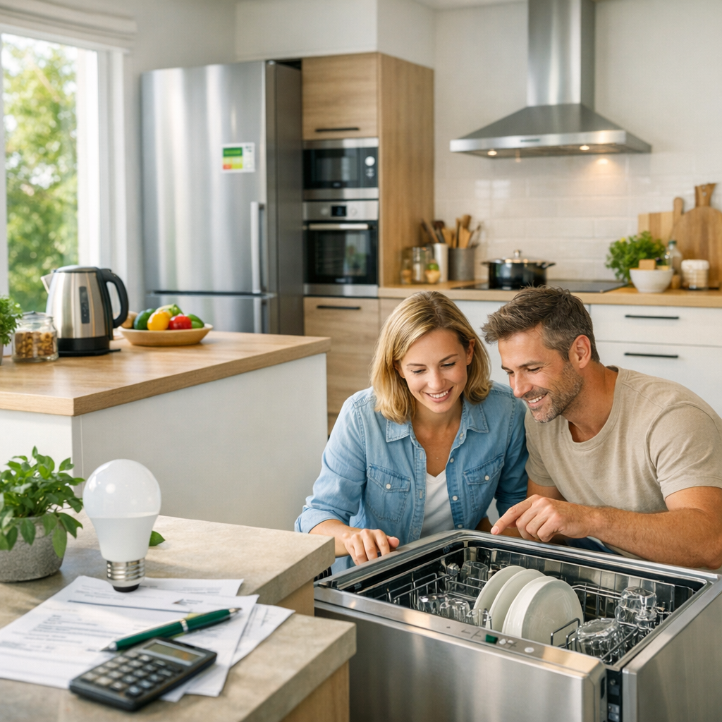 A man and woman smile while assembling dishes inside an open dishwasher in a modern kitchen.