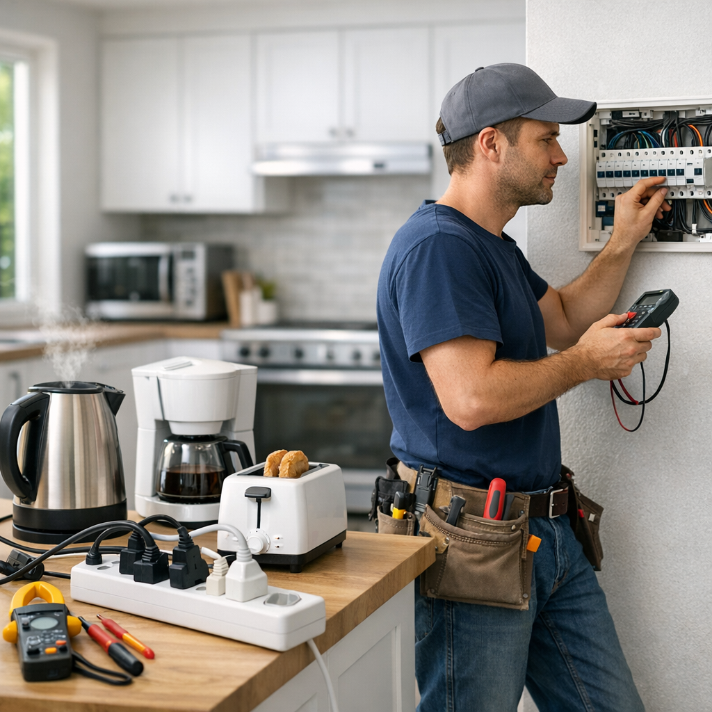 An electrician uses a multimeter while working on a circuit panel in a kitchen, with various kitchen appliances like a kettle, coffee maker, and toaster visible on the counter.