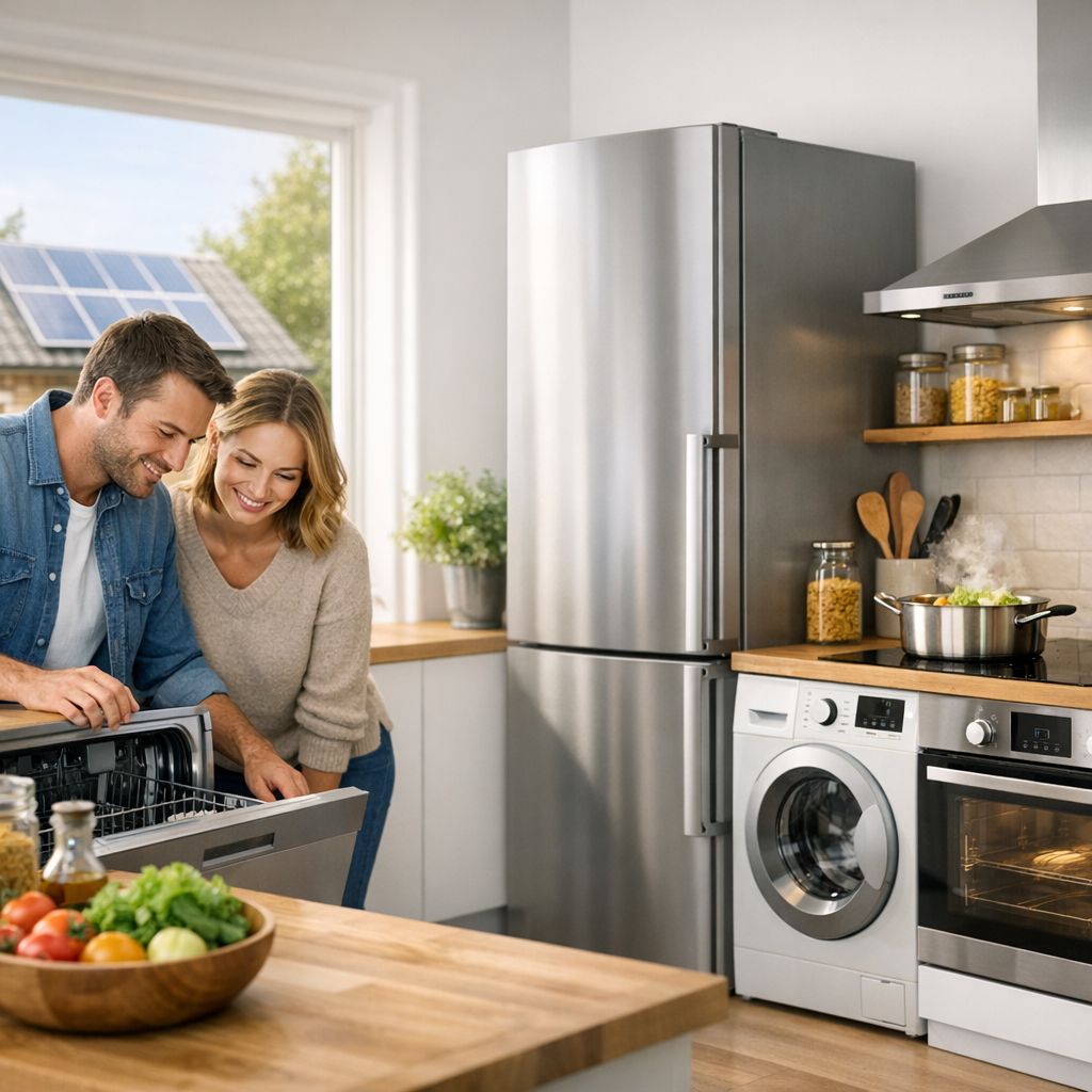 A couple stands in a modern kitchen, smiling as they load dishes into a dishwasher next to a stainless-steel refrigerator and other appliances.