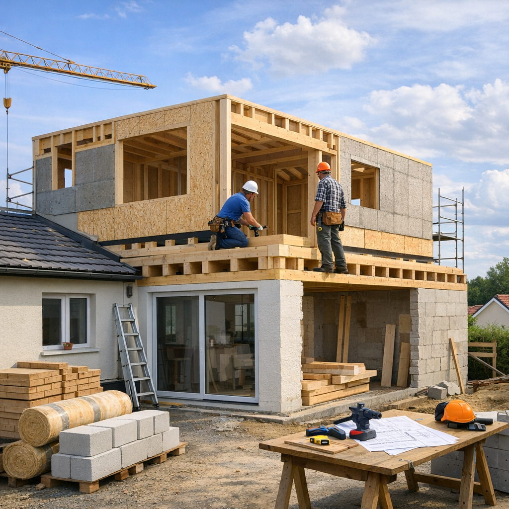 Two construction workers install wooden beams on the upper level of a house under construction, with scaffolding and building materials nearby.