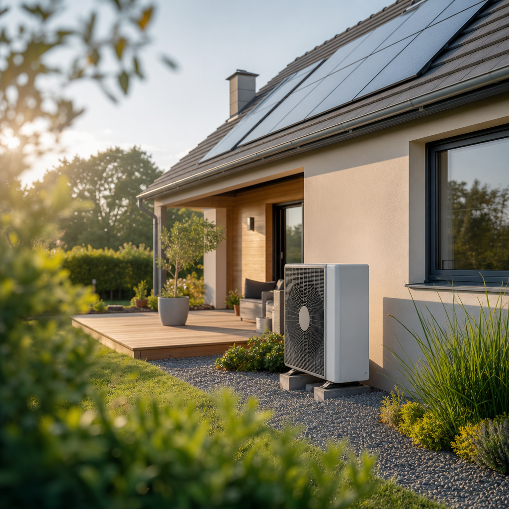 A modern house with solar panels features a wooden deck, a lounge area, and an outdoor heat pump in a landscaped garden.