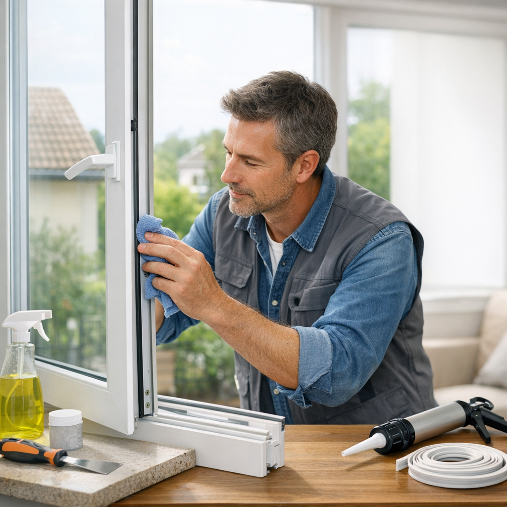 A man cleans a window frame with a cloth while various tools are placed on a wooden surface nearby.