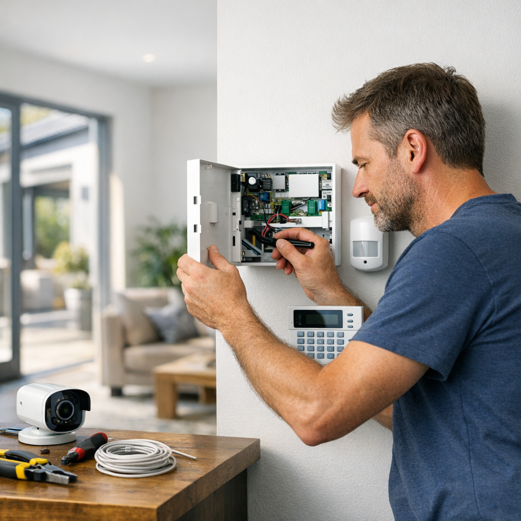 A man is inspecting and repairing an open security system panel mounted on a wall while tools and a surveillance camera are nearby.