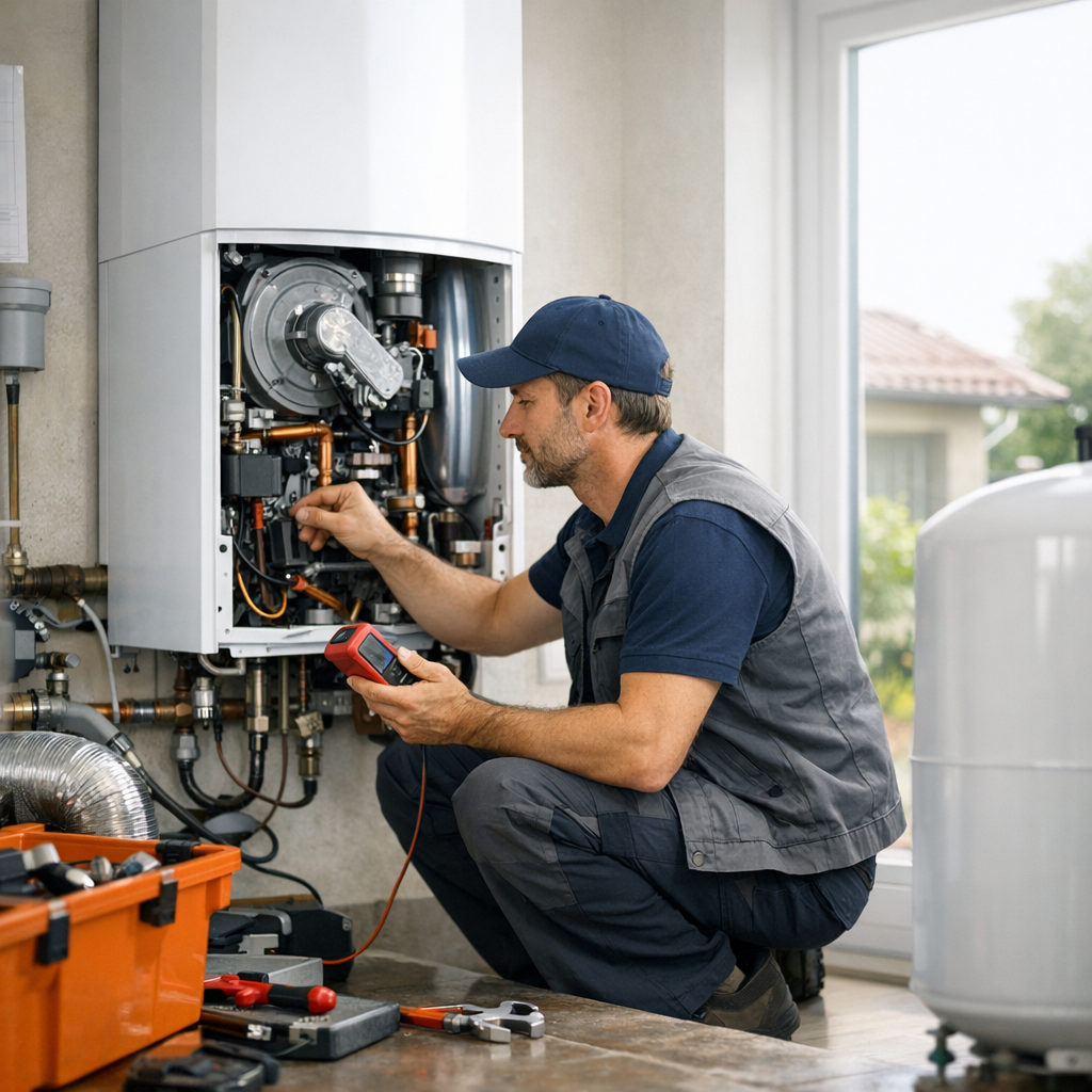 A technician inspects a boiler, using a multimeter while kneeling beside it in a home setting.