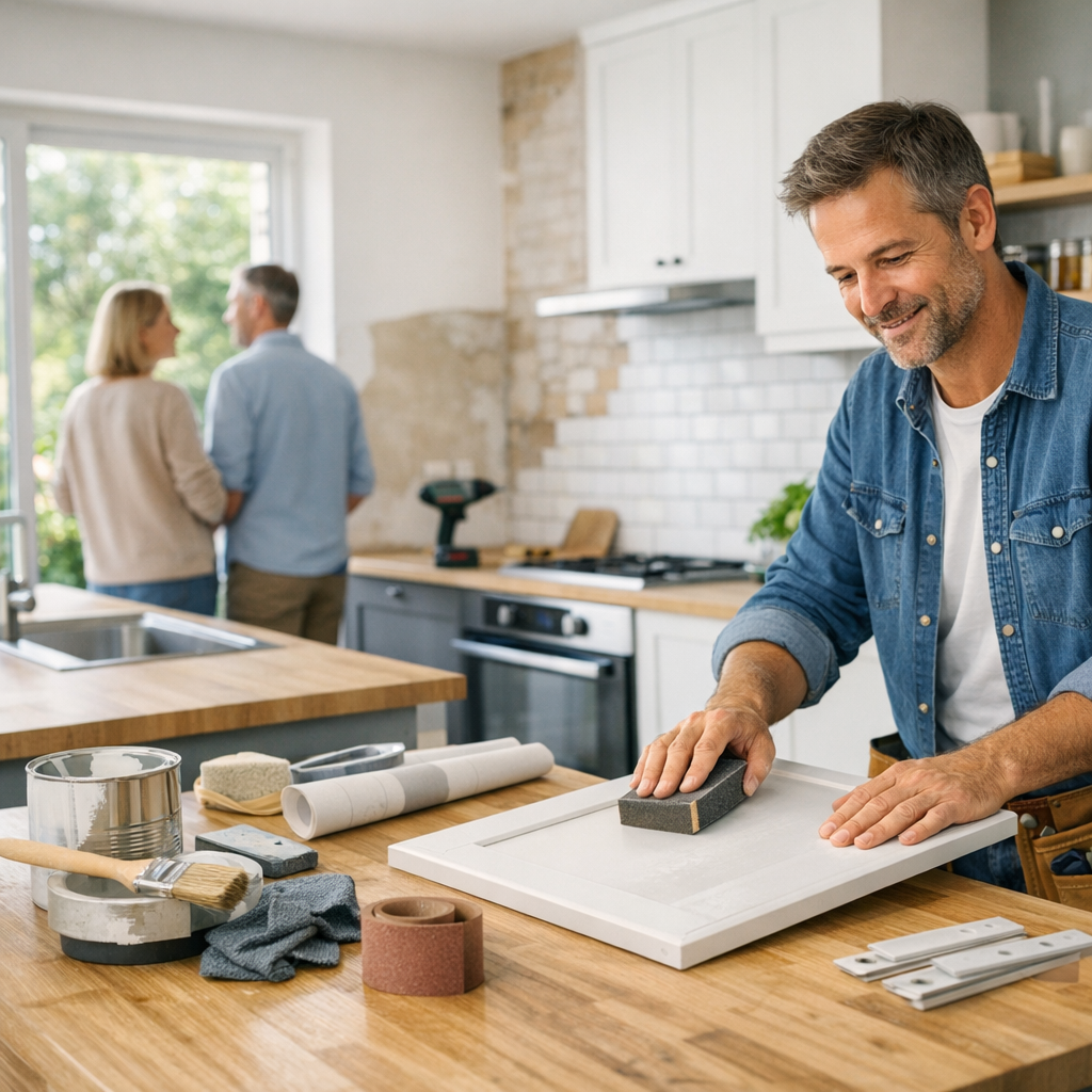 A man wearing a denim jacket sands a white cabinet door while a couple talks in the background in a modern kitchen.