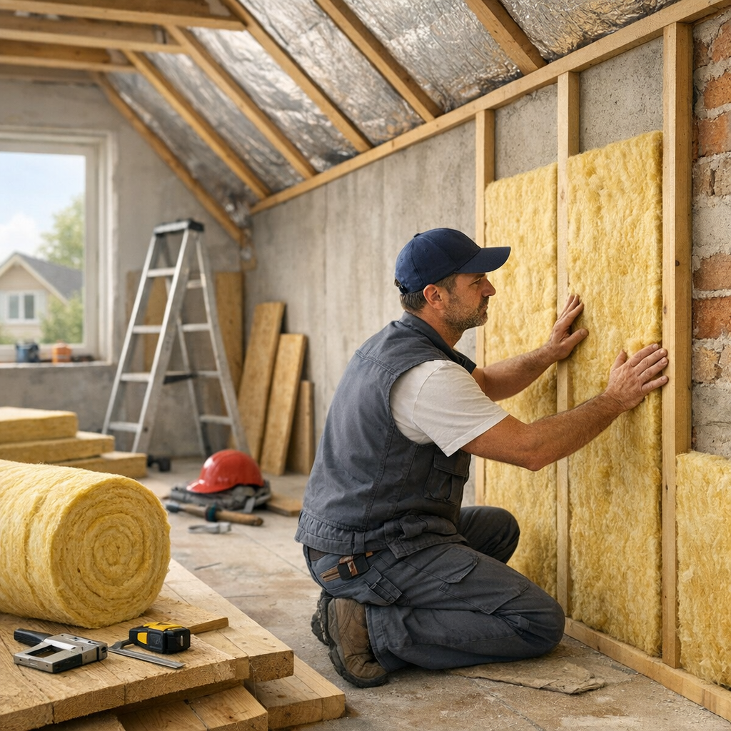 A construction worker kneels while installing insulation in a partially finished room with wooden beams and a ladder in the background.