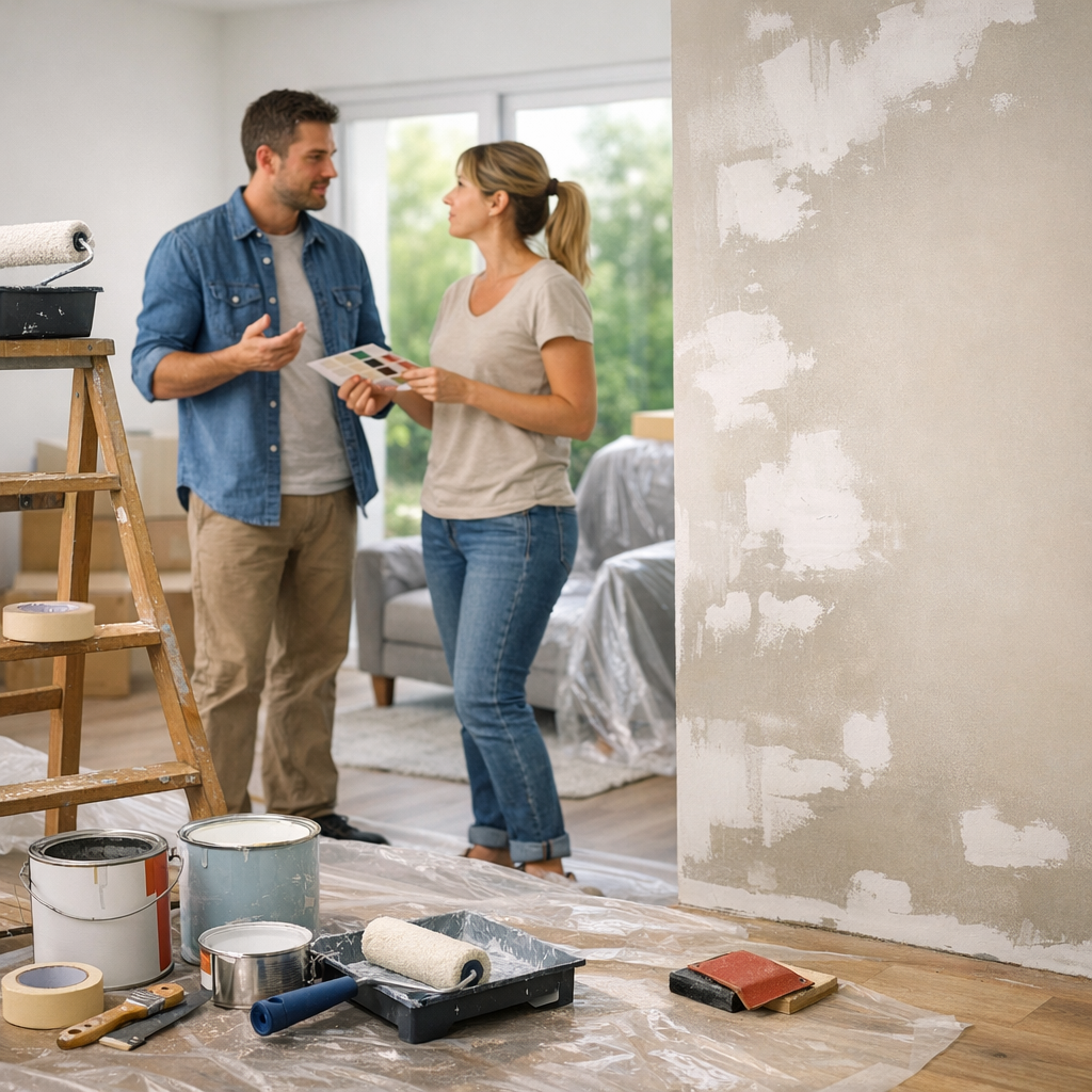A man and a woman are discussing paint colors in a partially renovated room, with painting supplies and a ladder nearby.