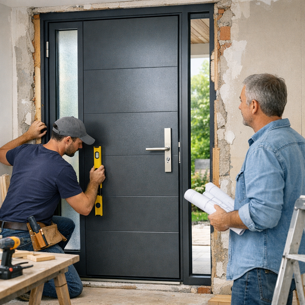 Two men are installing a modern black door; one is using a level while the other holds blueprints and observes.