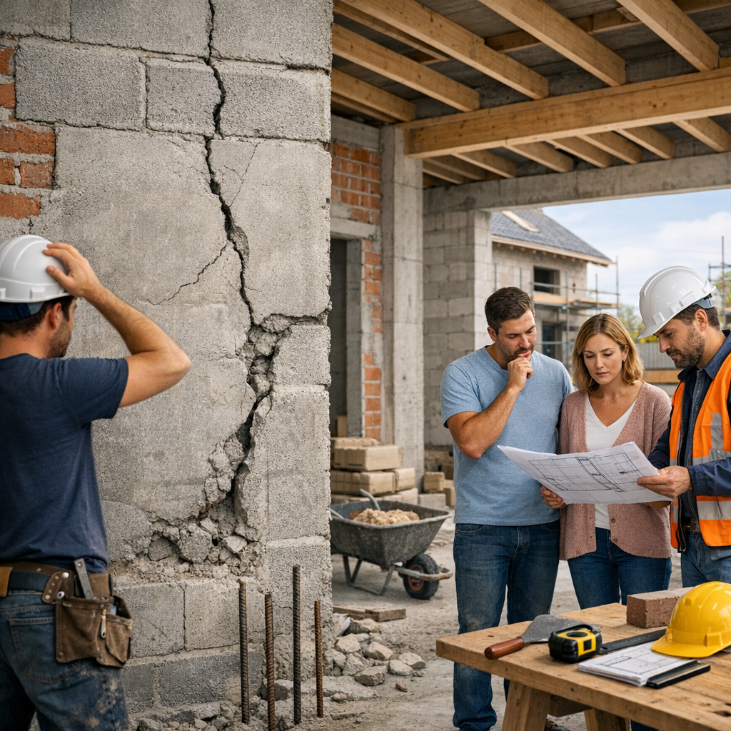 A group of four people, including two wearing hard hats, discussing blueprints in a construction site with a cracked stone wall in the background.