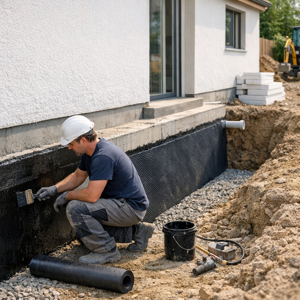 A man in a hard hat kneels beside a building, applying a waterproof sealant to the foundation wall.
