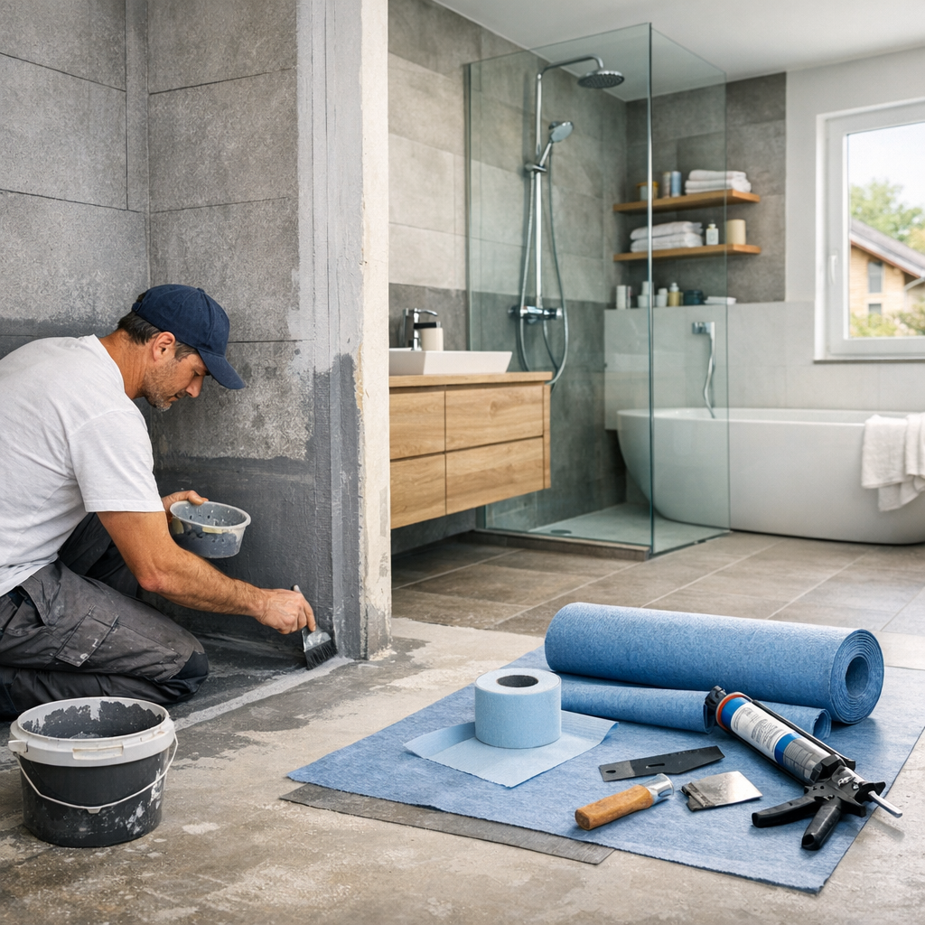 A man wears a cap and paints a gray wall in a modern bathroom with a glass shower, bathtub, and wooden vanity, while tools and materials are scattered on the floor.