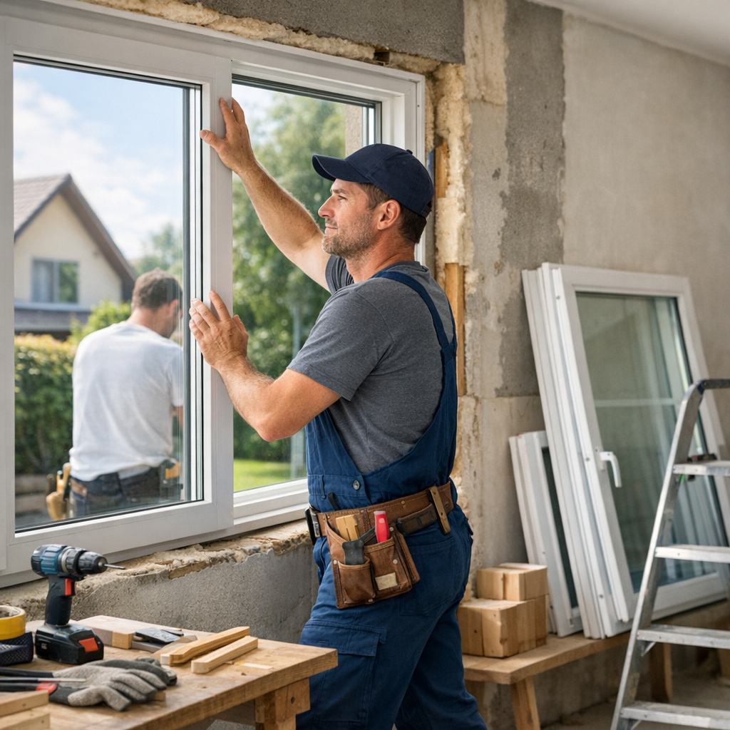 A construction worker installs a window in a partially finished room, with tools and materials visible on a workbench.