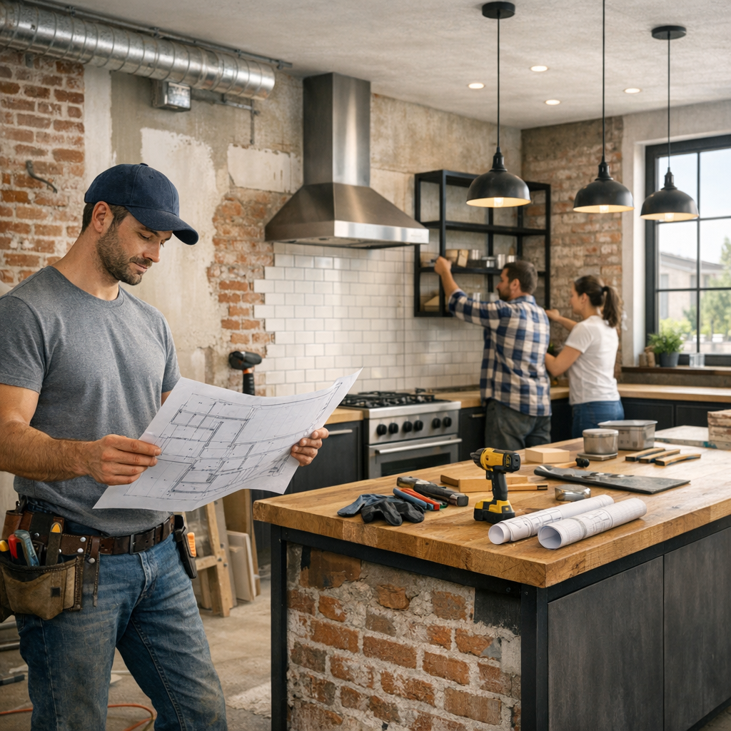 A contractor reviews building plans in a rustic kitchen while a couple installs shelves in the background.