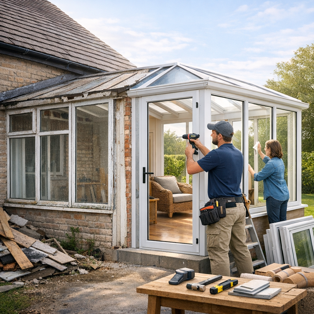 A man using a power drill works on a new glass conservatory while a woman cleans the interior, surrounded by construction materials.