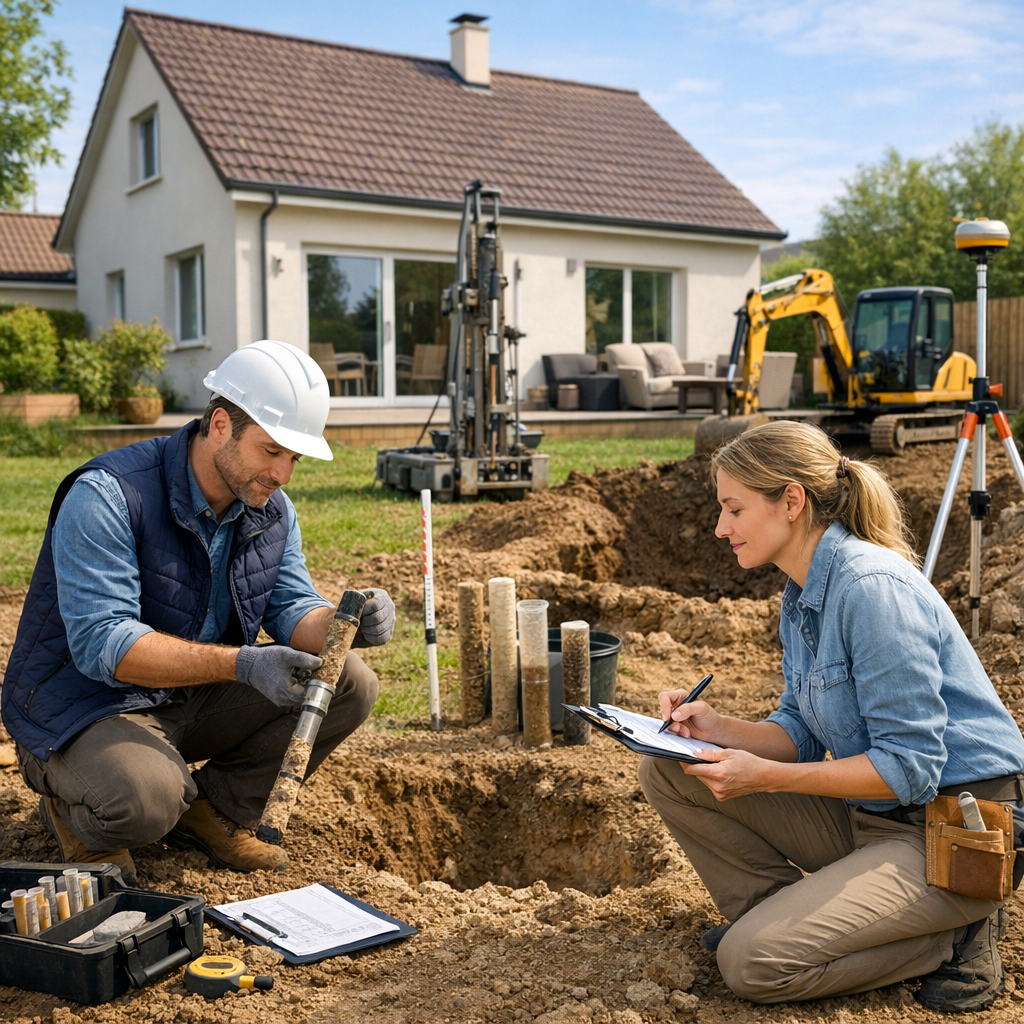 A civil engineer and a geologist analyze soil samples at a construction site near a house.