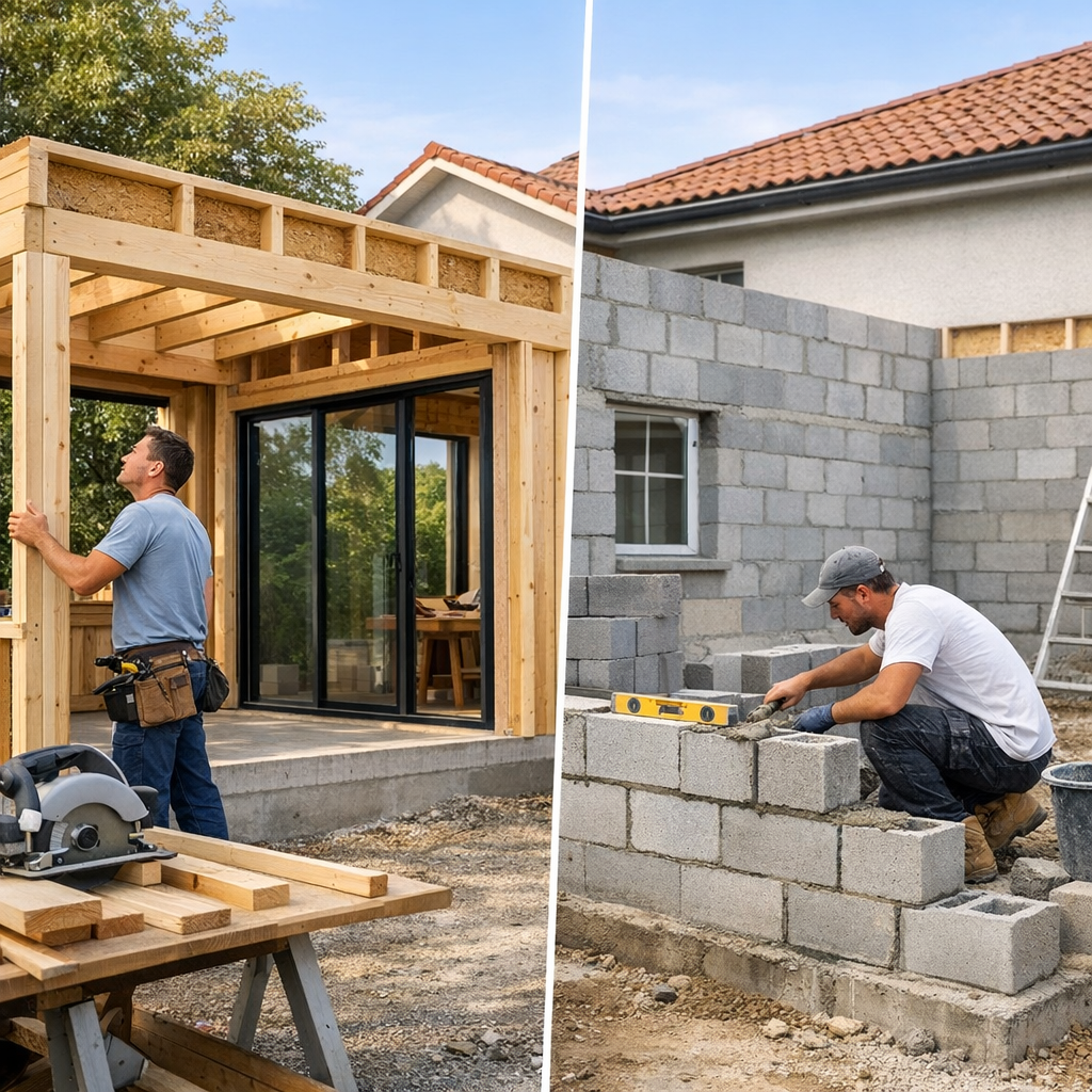 A construction worker assembles a wooden frame for a home on the left, while another worker lays concrete blocks on the right.