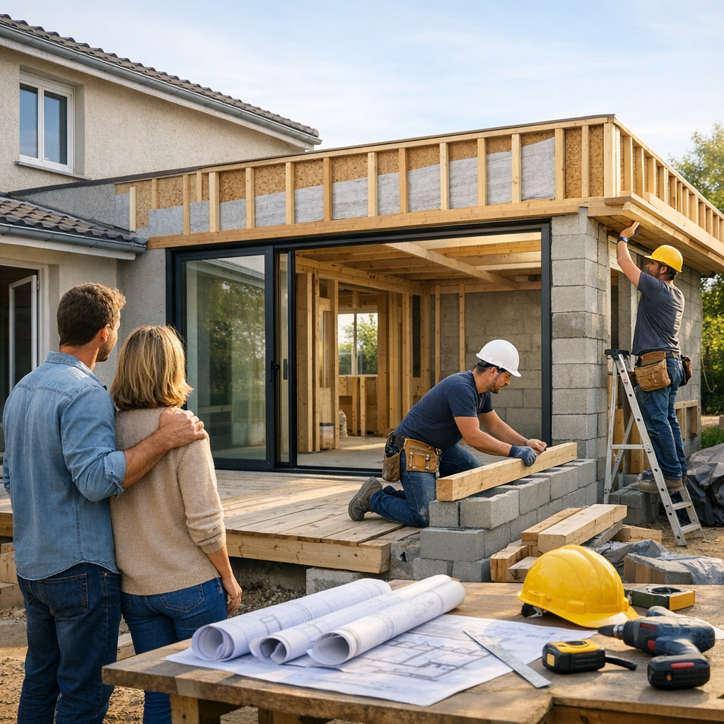 A couple watches construction workers build an extension on their home, with blueprints and tools on a nearby table.