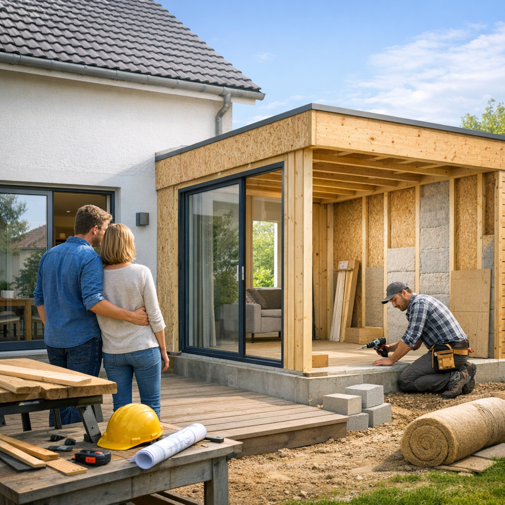 A couple observes a construction worker building an extension on their house, with tools and materials visible in the foreground.
