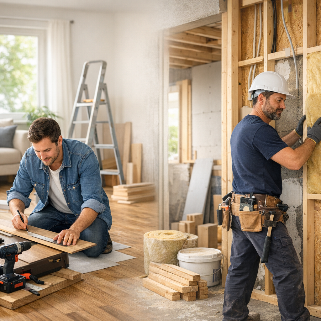 A man sits on the floor measuring wood, while another man in a hard hat installs insulation in a partially constructed room.