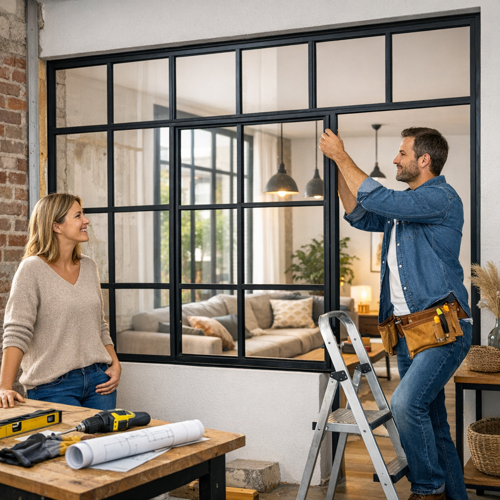 A man on a ladder installs a black-framed window while a woman watches and smiles, in a modern, bright interior.