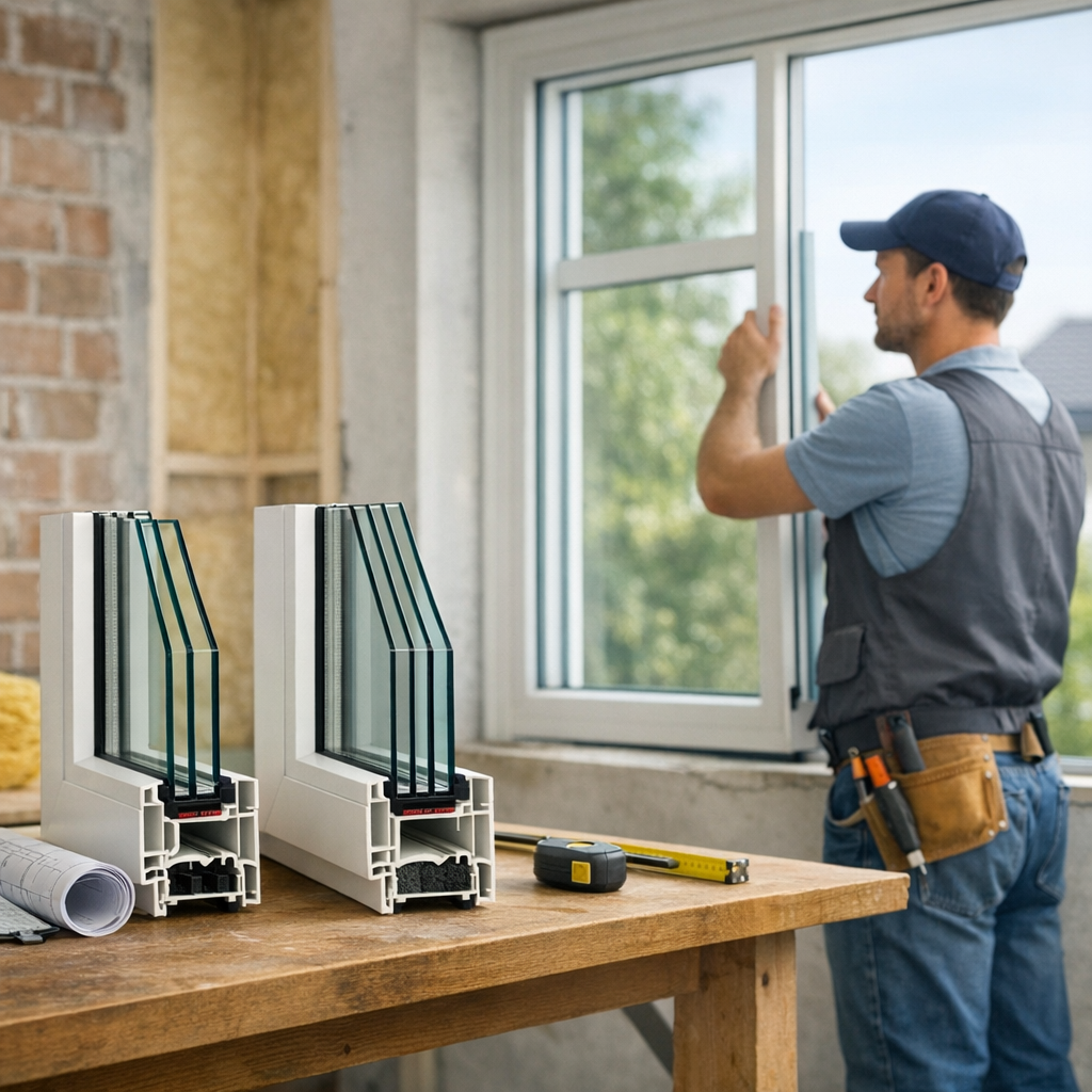 A worker installs a window while two window frame samples and a measuring tape are on a wooden table nearby.