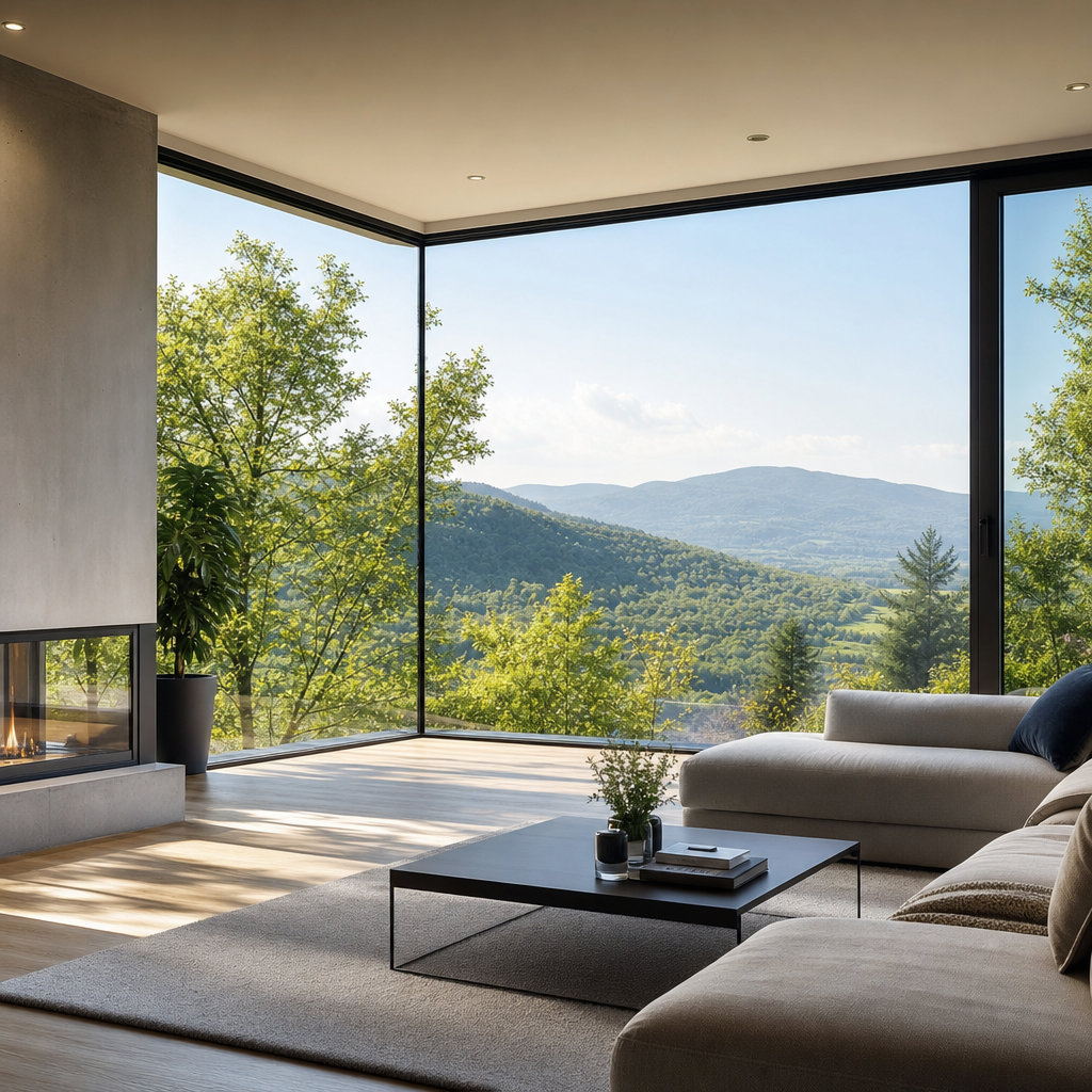 A modern living room features a large glass window with a scenic view of green hills and trees, a plush sofa, and a minimalist coffee table.