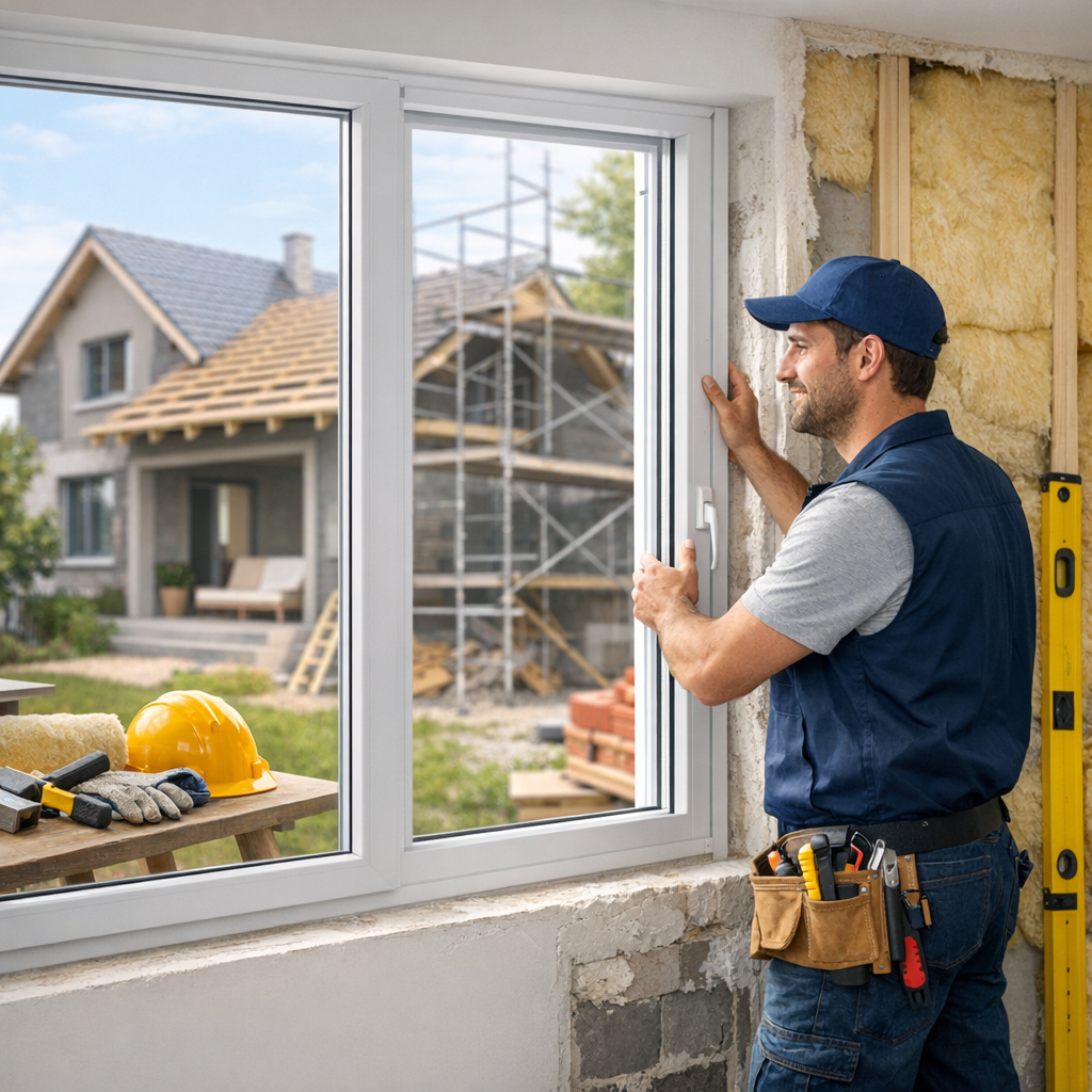 A construction worker installs a window while a house is under renovation in the background.
