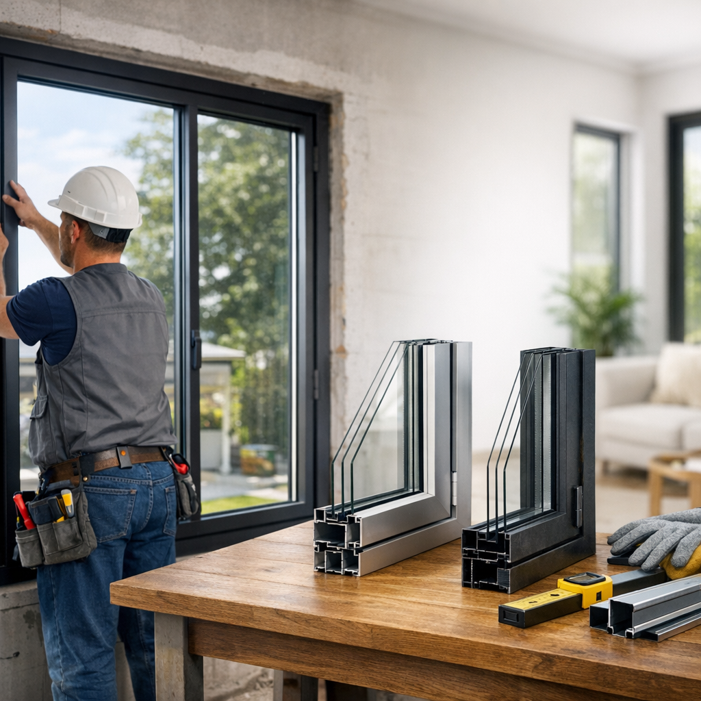 A construction worker installs a window while various window frame samples and tools are displayed on a wooden table.