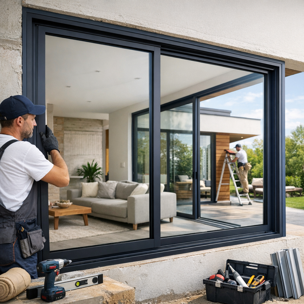 A construction worker installs a large sliding glass door, while another worker is on a ladder in the background.