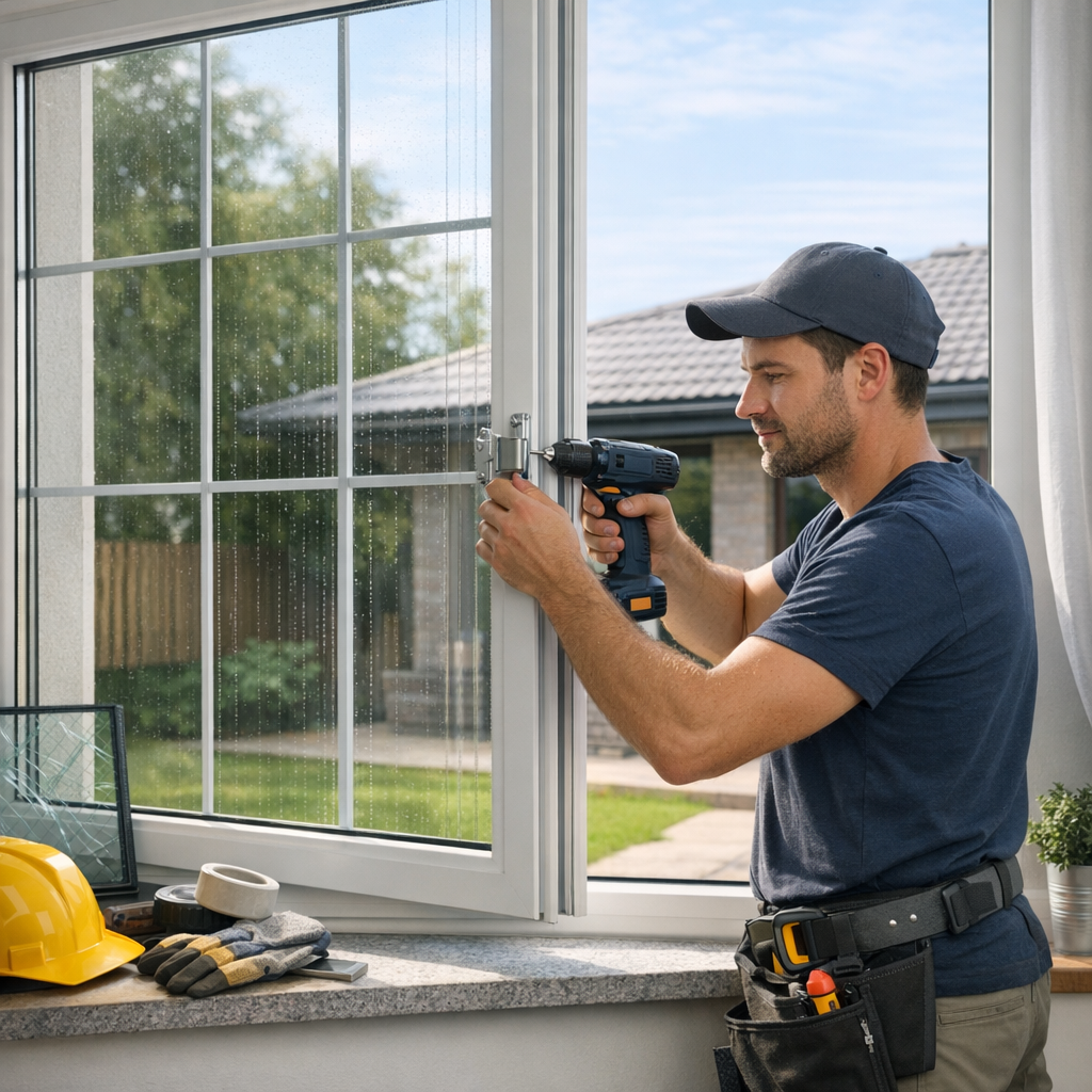 A man is installing a window hinge using a power drill while standing at a window with a garden view.