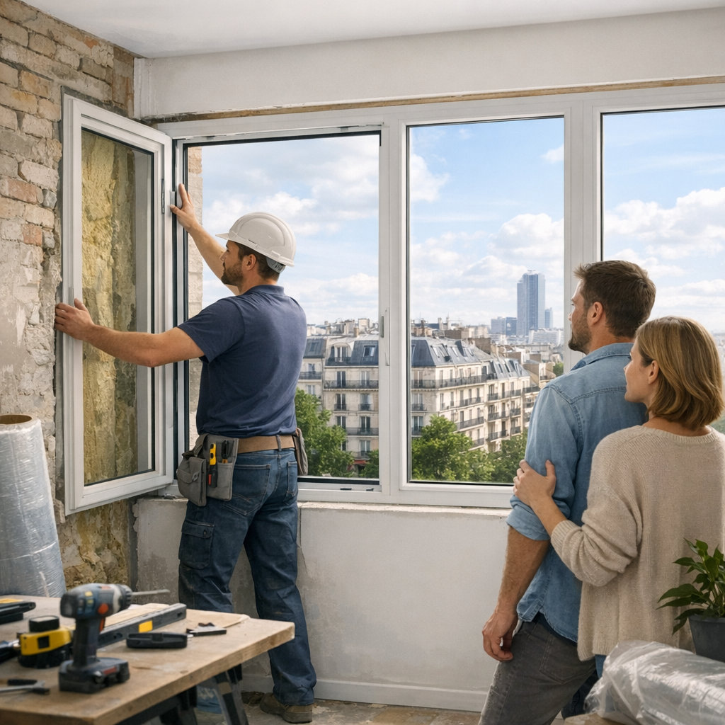 A construction worker installs a window while an engaged couple observes from inside a partially renovated apartment with a city view.
