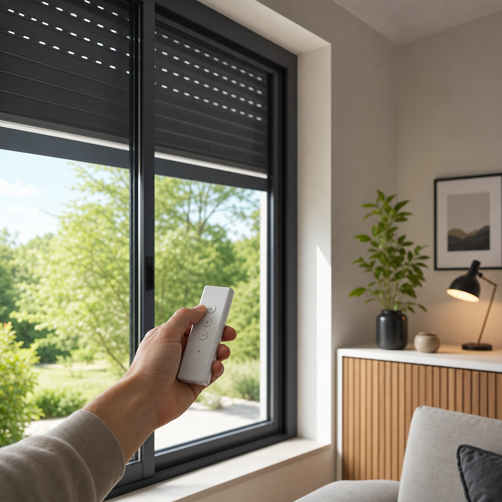 A person holds a remote control in front of a window with dark blinds, overlooking a garden with trees.