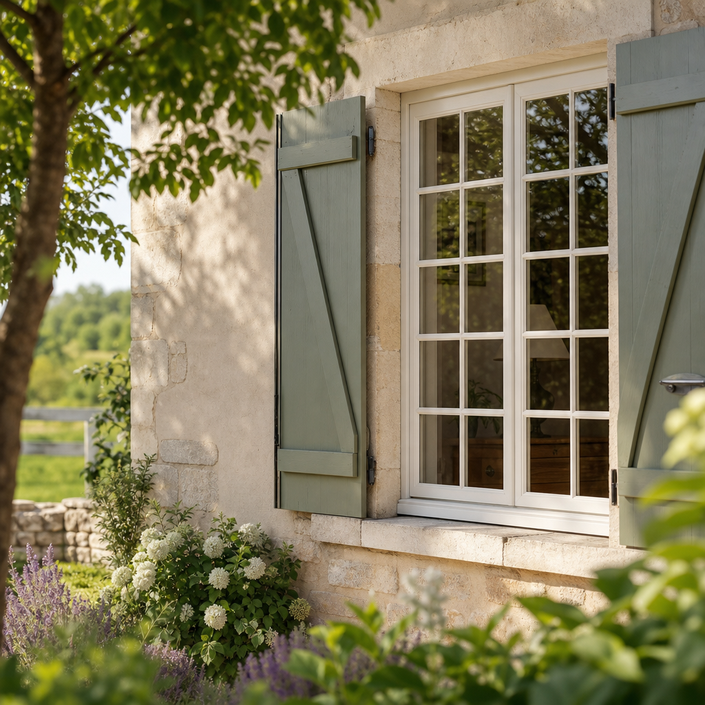 A close-up of a window with green shutters, surrounded by blooming flowers and greenery.
