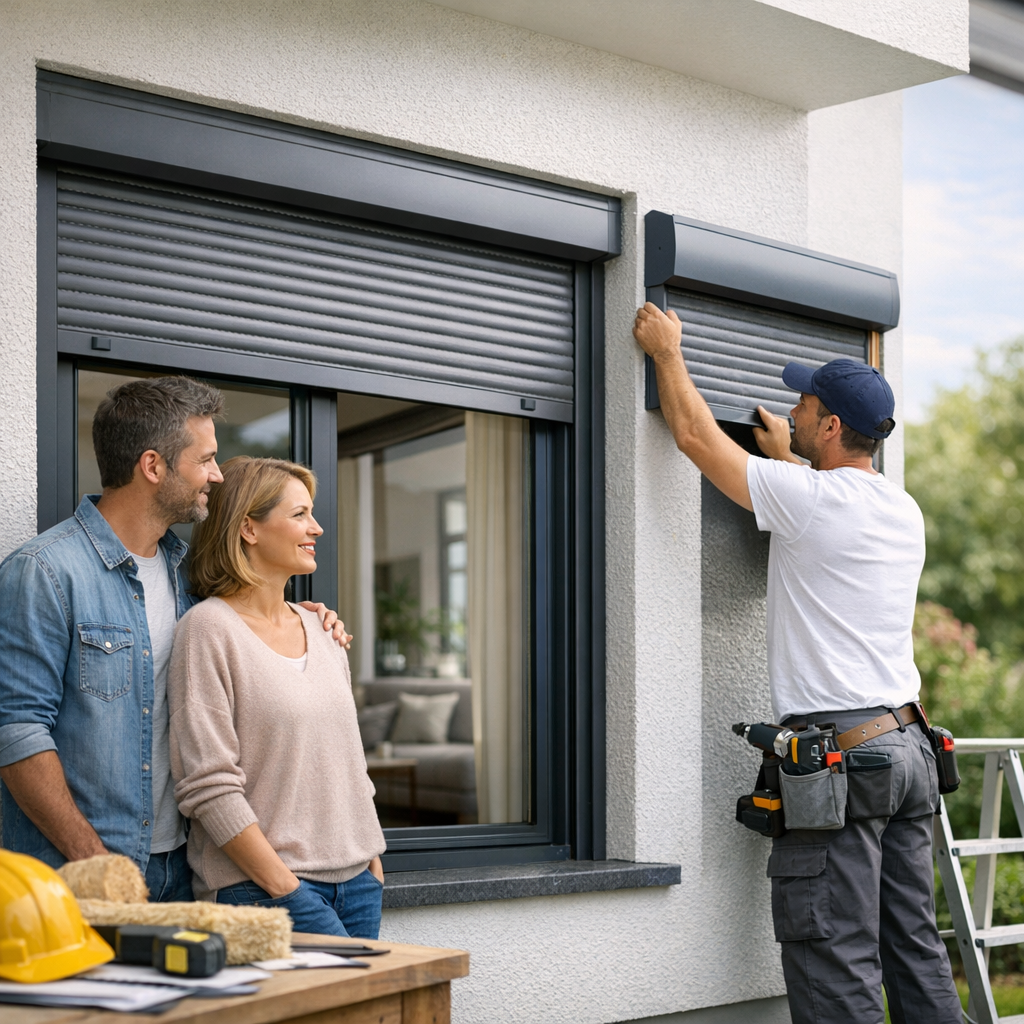 A couple watches as a worker installs a roller shutter above a window on a modern house.