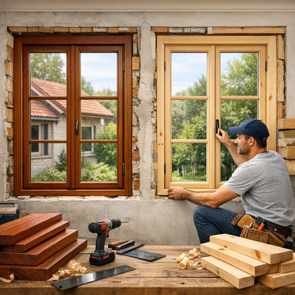 A carpenter installs a wooden window frame in a wall, with tools and wooden boards on a workbench nearby.