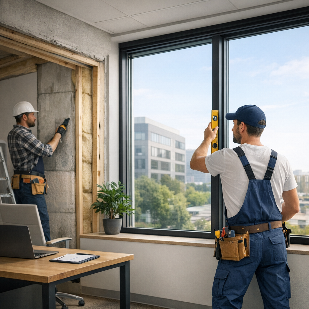 Two construction workers are renovating an office space, one using a level on a window while the other installs insulation in a wall.