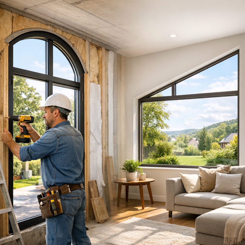 A construction worker with a drill installs a window in a modern home with large windows and a view of greenery outside.