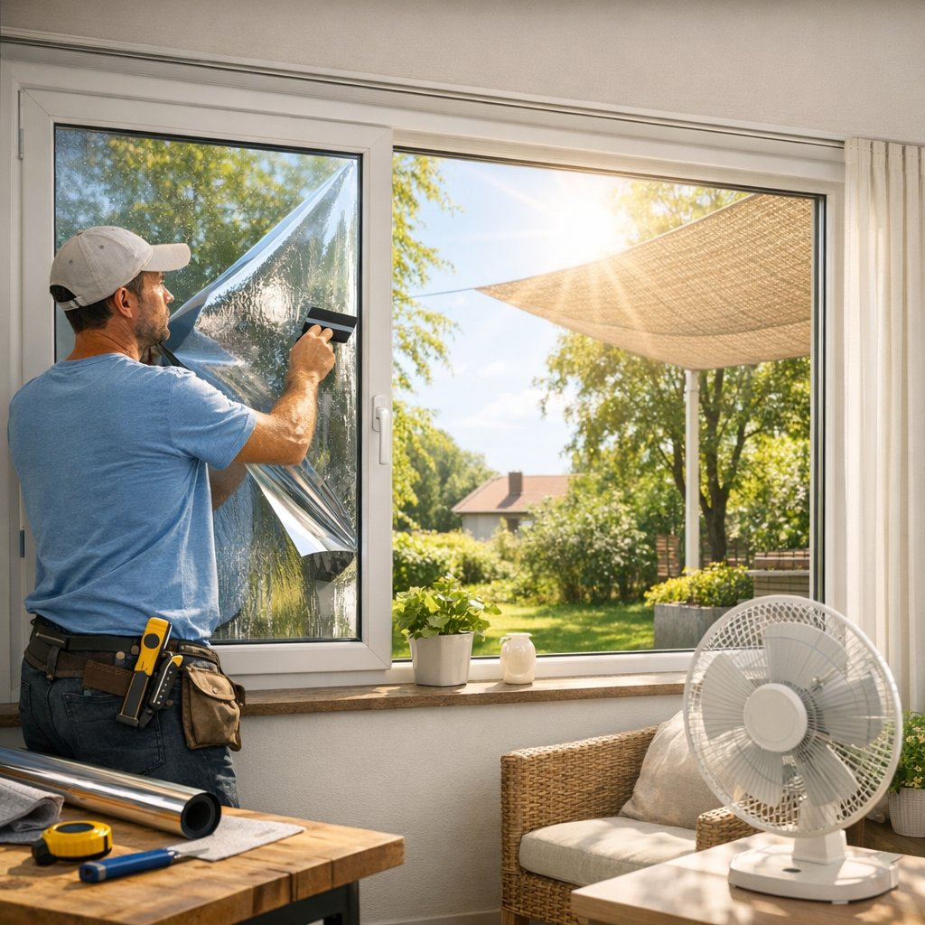 A man applies window film to a large window overlooking a garden with sunlight streaming in.