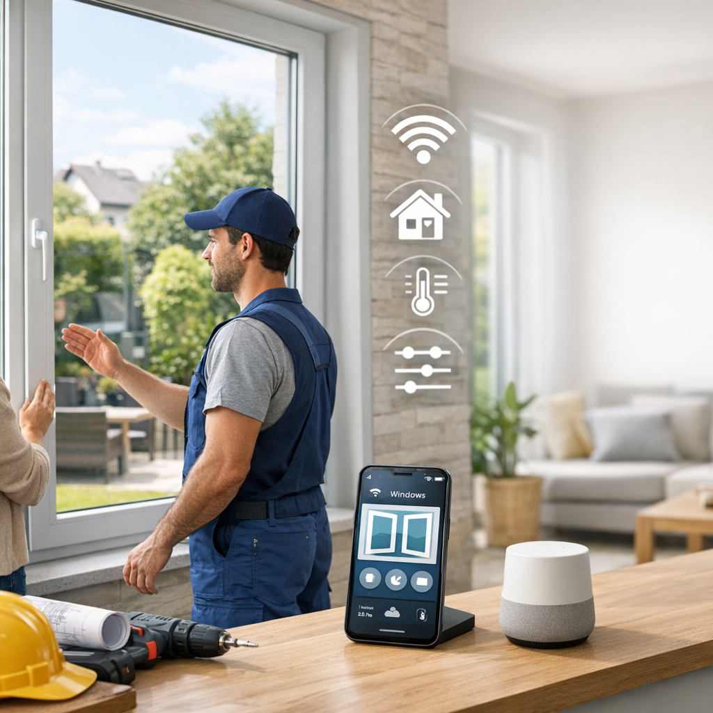A technician demonstrates a smart window service to a customer, with a digital device displaying smart home controls in the foreground.