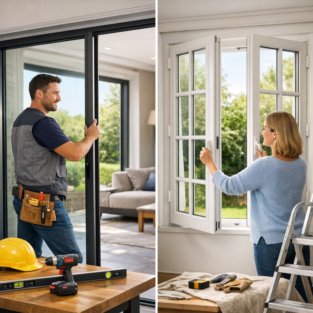 A man in a work vest opens a sliding door on the left, while a woman in a sweater opens a double casement window on the right, both showcasing home improvement activities.