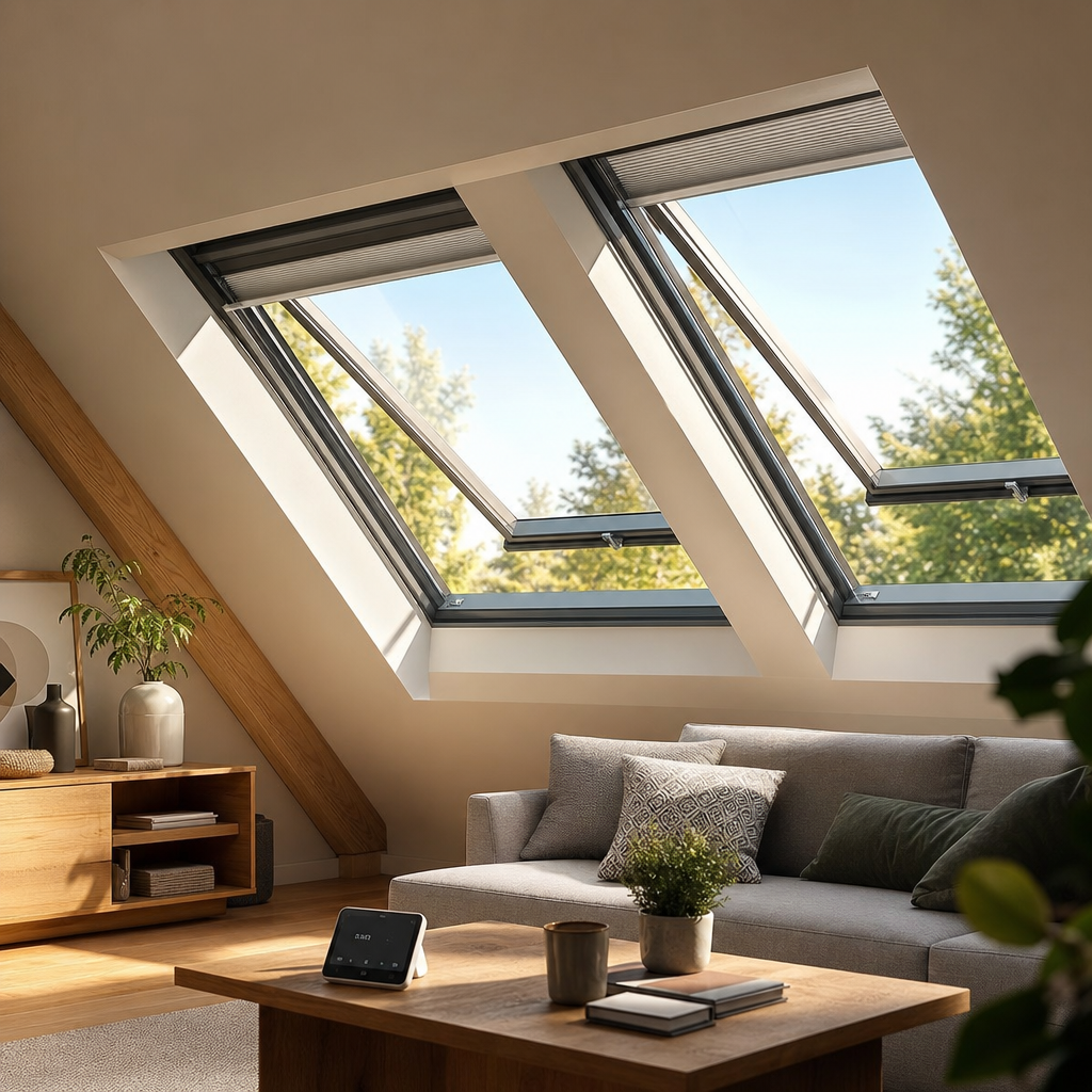 A modern living room with slanted skylight windows, featuring a grey sofa, a wooden coffee table with books and a plant, and a small device displaying the time.